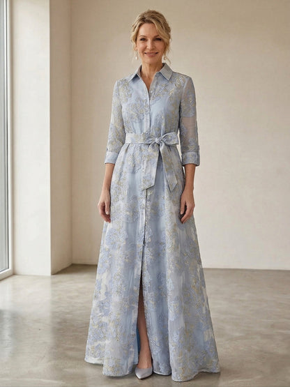 Robe Mère de la Mariée Ligne A Col Chemise Manches 3/4 avec Fente Latérale & Nœud