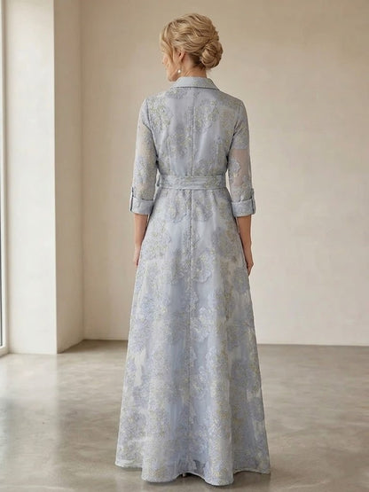 Robe Mère de la Mariée Ligne A Col Chemise Manches 3/4 avec Fente Latérale & Nœud