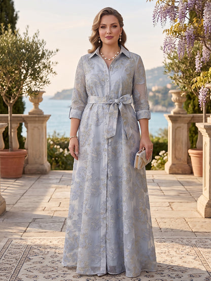 Robe Mère de la Mariée Grande Taille A-Ligne Col Chemise à Manches 3/4, Fendue avec Nœud