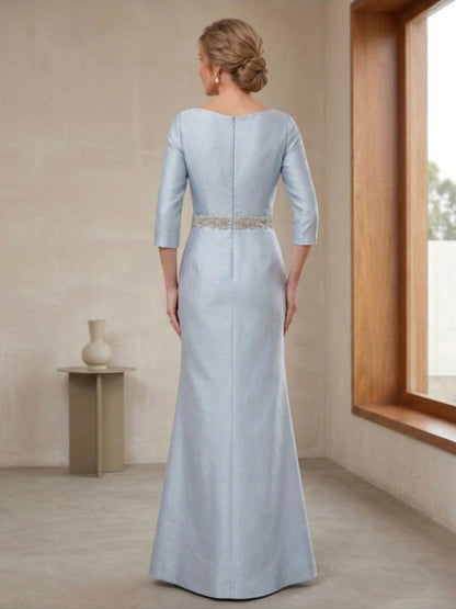 Robe Mère de la Mariée Fourreau Col Rond Manches 3/4 avec Perles & Ceinture