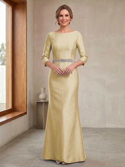 Robe Mère de la Mariée Fourreau Col Rond Manches 3/4 avec Perles & Ceinture