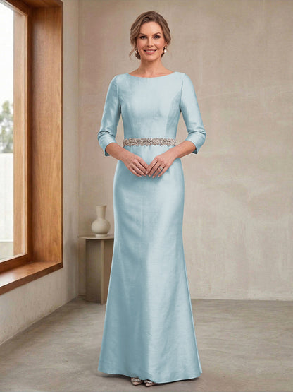 Robe Mère de la Mariée Fourreau Col Rond Manches 3/4 avec Perles & Ceinture