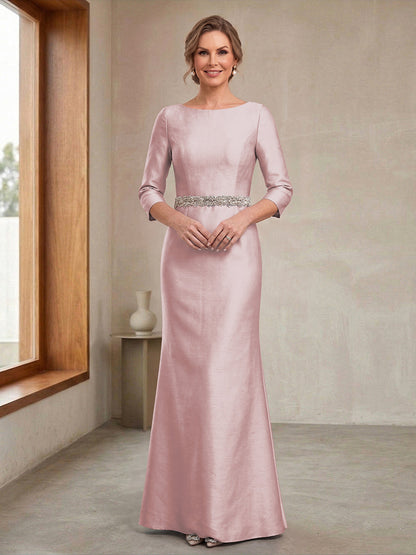 Robe Mère de la Mariée Fourreau Col Rond Manches 3/4 avec Perles & Ceinture