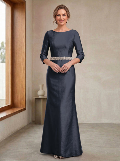 Robe Mère de la Mariée Fourreau Col Rond Manches 3/4 avec Perles & Ceinture