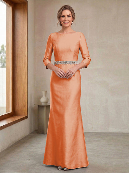 Robe Mère de la Mariée Fourreau Col Rond Manches 3/4 avec Perles & Ceinture