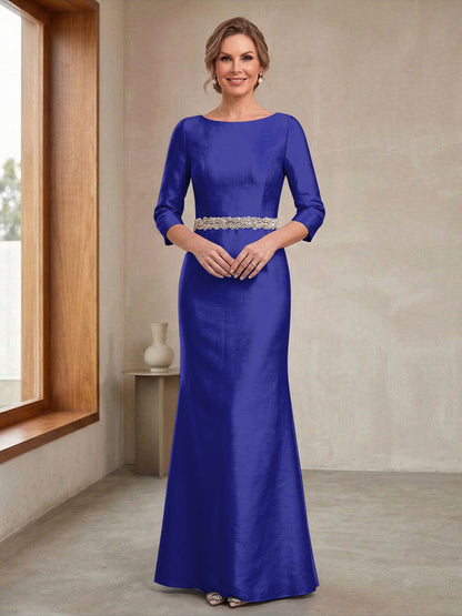 Robe Mère de la Mariée Fourreau Col Rond Manches 3/4 avec Perles & Ceinture
