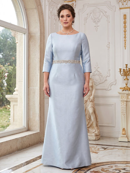Robe Mère de la Mariée Grande Taille Fourreau Col Rond à Manches 3/4 avec Perles et Ceinture