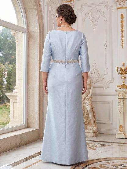 Robe Mère de la Mariée Grande Taille Fourreau Col Rond à Manches 3/4 avec Perles et Ceinture