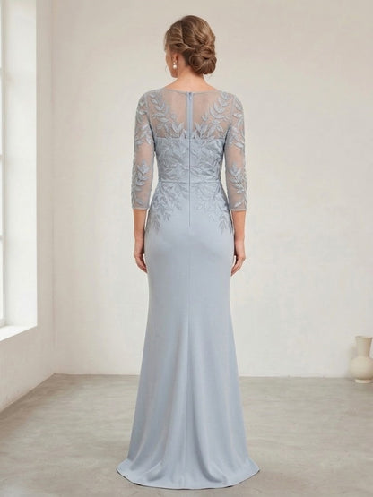 Robe Mère de la Mariée Sirène Col Rond Manches 3/4 Longueur au Sol avec Broderie