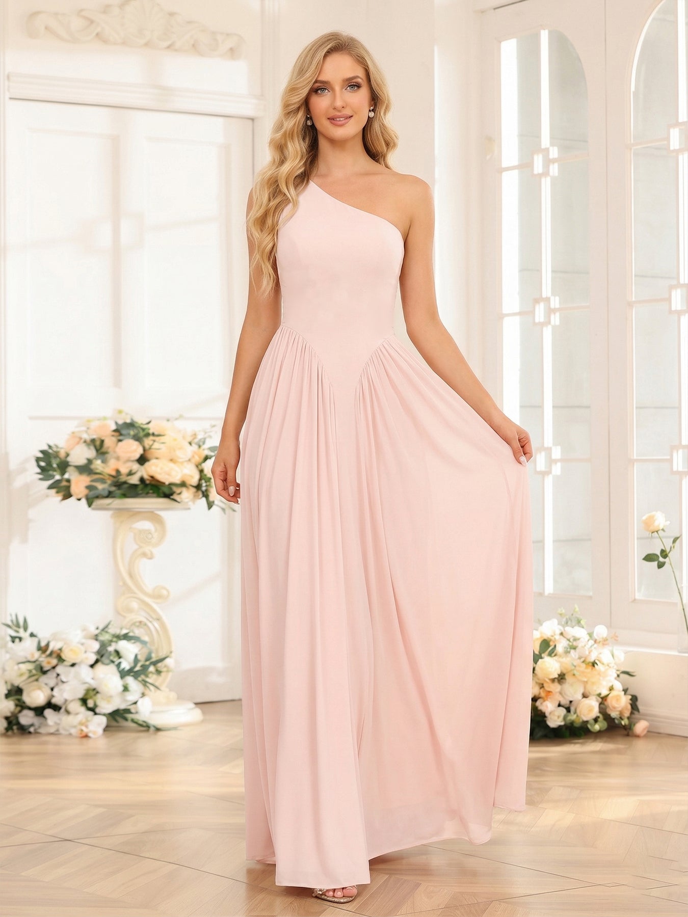 Robe de demoiselle d'honneur longue à une épaule, coupe trapèze/princesse, plissée