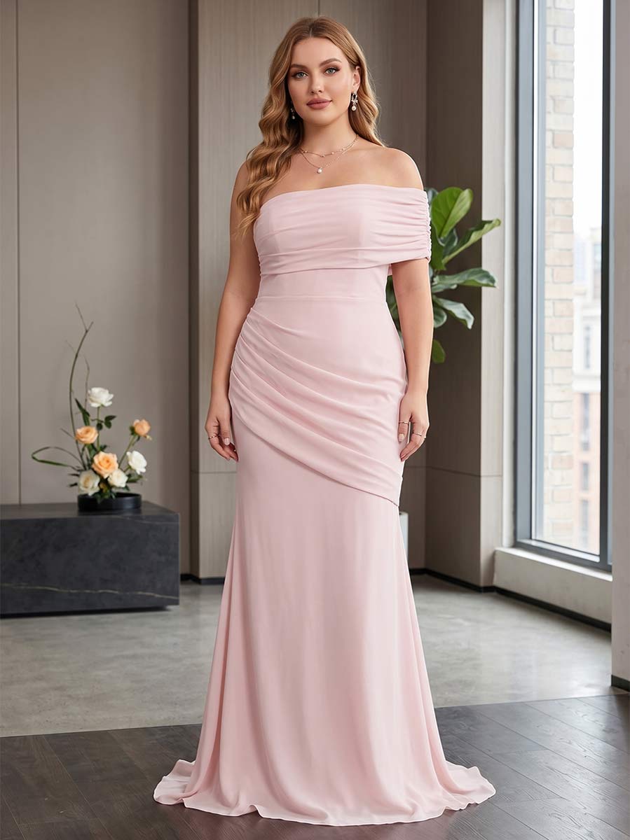 Robe de Demoiselle d'Honneur Grande Taille Sirène Asymétrique (Une Épaule) à Manches Courtes Longueur Sol avec Plis