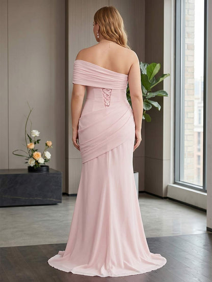 Robe de Demoiselle d'Honneur Grande Taille Sirène Asymétrique (Une Épaule) à Manches Courtes Longueur Sol avec Plis