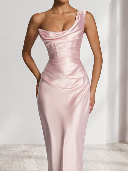 Robe de demoiselle d'honneur longue à une épaule, sans manches, plissée, coupe fourreau/colonne