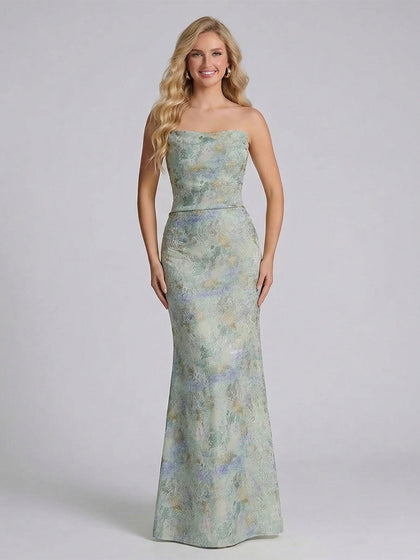 Robe de demoiselle d'honneur longue à une épaule, bustier et sans manches, à imprimé floral, coupe fourreau/colonne