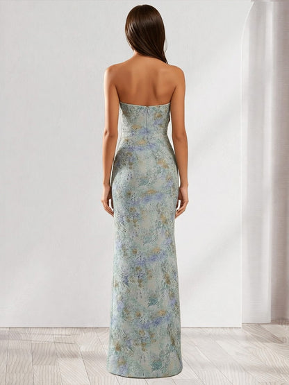 Robe de demoiselle d'honneur longue à une épaule, bustier et sans manches, à imprimé floral, coupe fourreau/colonne