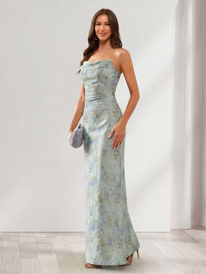 Robe de demoiselle d'honneur longue à une épaule, bustier et sans manches, à imprimé floral, coupe fourreau/colonne