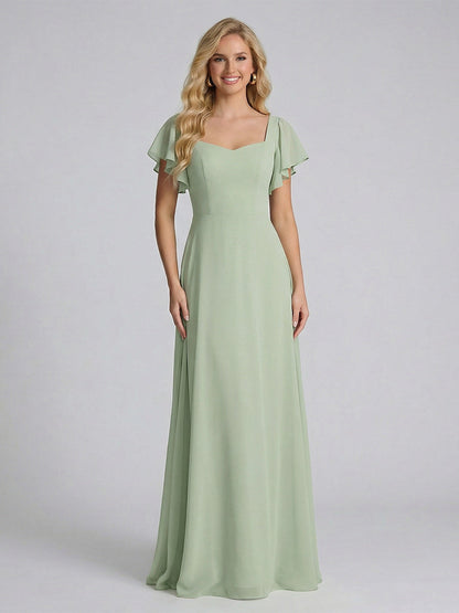Robe de demoiselle d'honneur longue à une épaule, décolleté cœur et manches courtes, à volants, coupe trapèze/princesse