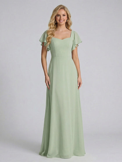 Robe de demoiselle d'honneur longue à une épaule, décolleté cœur et manches courtes, à volants, coupe trapèze/princesse