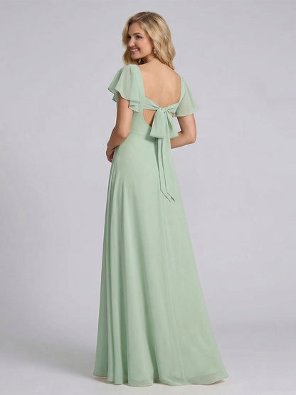 Robe de demoiselle d'honneur longue à une épaule, décolleté cœur et manches courtes, à volants, coupe trapèze/princesse