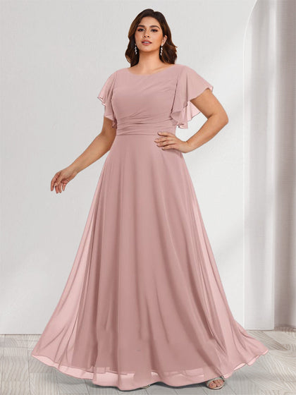 Robes de demoiselle d'honneur longues sans manches, coupe trapèze/princesse, grandes tailles, décolleté rond, volants et fronces