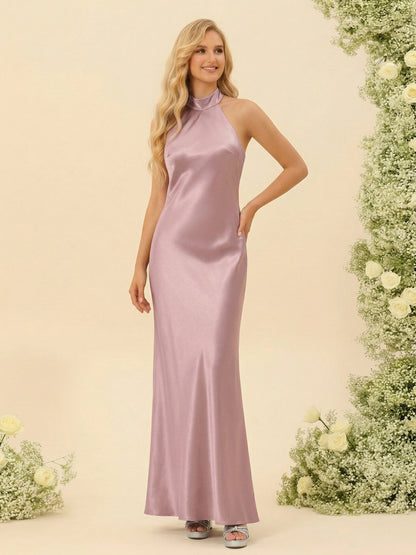 Robes de demoiselle d'honneur fourreau/colonne sans manches, col halter, froncées