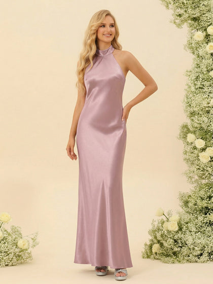 Robes de demoiselle d'honneur fourreau/colonne sans manches, col halter, froncées