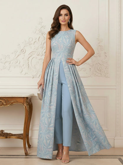 Robe Mère de la Mariée Ligne A Col Rond Sans Manches Longueur au Sol Plissée avec Fente Latérale