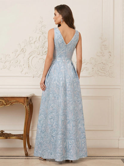 Robe Mère de la Mariée Ligne A Col Rond Sans Manches Longueur au Sol Plissée avec Fente Latérale