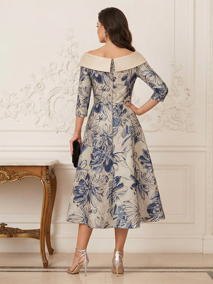 Robe Mère de la Mariée Ligne A Épaules Dénudées Manches 3/4 Longueur Thé à Volants
