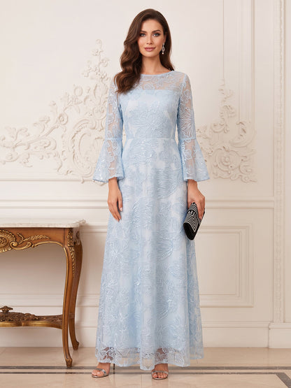Robe Mère de la Mariée Ligne A Col Rond Manches Longues Longueur au Sol avec Broderie