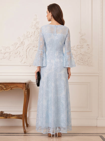 Robe Mère de la Mariée Ligne A Col Rond Manches Longues Longueur au Sol avec Broderie