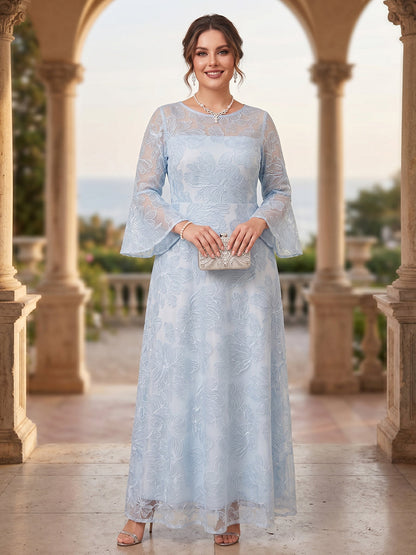 Robe Mère de la Mariée Grande Taille A-Ligne Col Rond à Manches Longues Longueur Sol avec Broderie