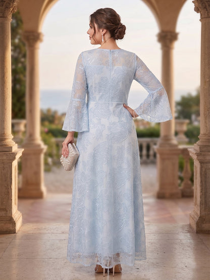 Robe Mère de la Mariée Grande Taille A-Ligne Col Rond à Manches Longues Longueur Sol avec Broderie