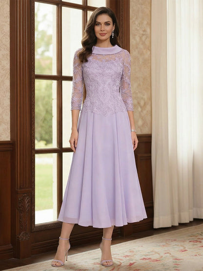 Robe Mère de la Mariée Ligne A Col Rond Manches 3/4 Longueur Thé Plissée avec Nœud