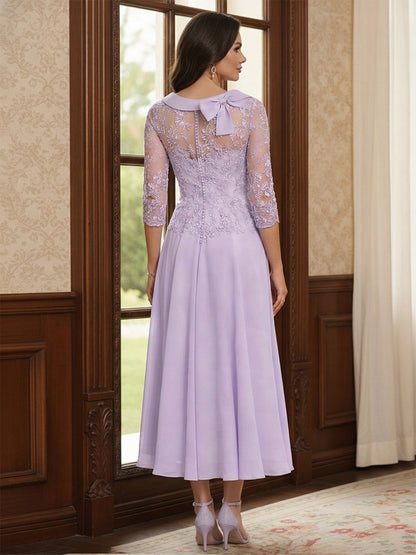 Robe Mère de la Mariée Ligne A Col Rond Manches 3/4 Longueur Thé Plissée avec Nœud
