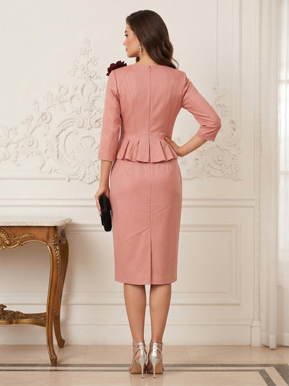 Robe Mère de la Mariée Fourreau Col Rond Manches Mi-longues Longueur Genou avec Fleur