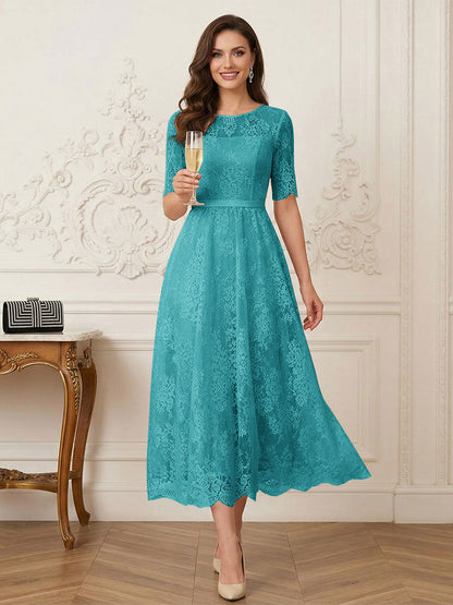 Robe Mère de la Mariée Ligne A Encolure Illusion Manches Mi-longues Longueur Thé avec Appliques & Ceinture