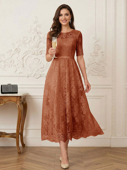 Robe Mère de la Mariée Ligne A Encolure Illusion Manches Mi-longues Longueur Thé avec Appliques & Ceinture