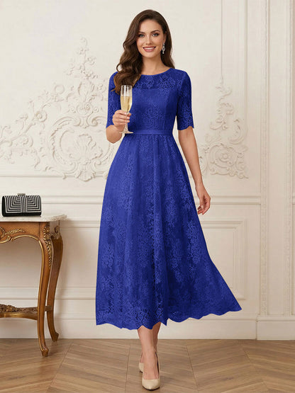Robe Mère de la Mariée Ligne A Encolure Illusion Manches Mi-longues Longueur Thé avec Appliques & Ceinture