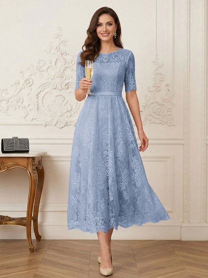 Robe Mère de la Mariée Ligne A Encolure Illusion Manches Mi-longues Longueur Thé avec Appliques & Ceinture