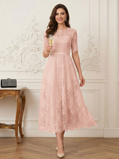 Robe Mère de la Mariée Ligne A Encolure Illusion Manches Mi-longues Longueur Thé avec Appliques & Ceinture