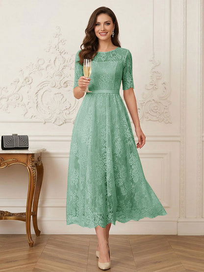 Robe Mère de la Mariée Ligne A Encolure Illusion Manches Mi-longues Longueur Thé avec Appliques & Ceinture