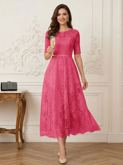 Robe Mère de la Mariée Ligne A Encolure Illusion Manches Mi-longues Longueur Thé avec Appliques & Ceinture