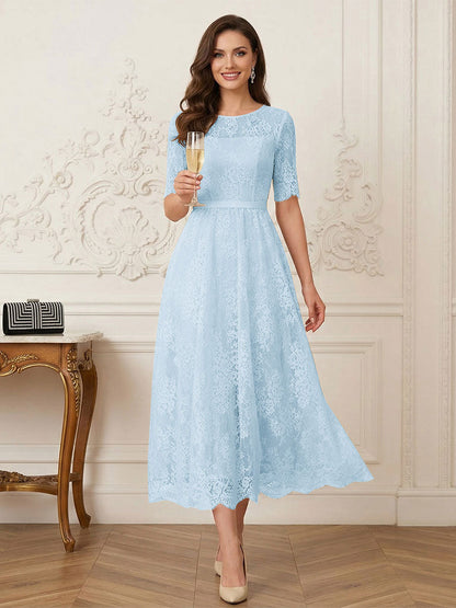 Robe Mère de la Mariée Ligne A Encolure Illusion Manches Mi-longues Longueur Thé avec Appliques & Ceinture
