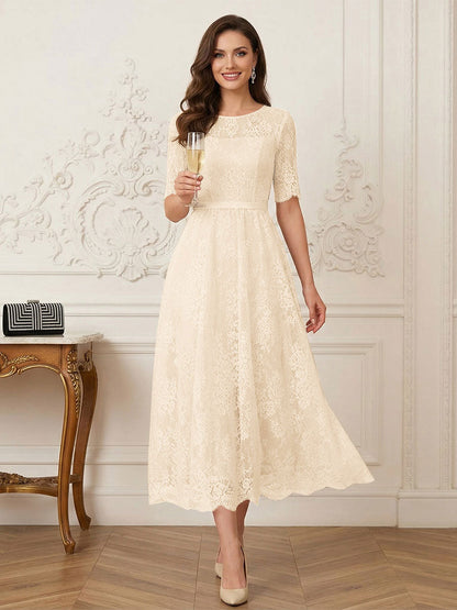 Robe Mère de la Mariée Ligne A Encolure Illusion Manches Mi-longues Longueur Thé avec Appliques & Ceinture
