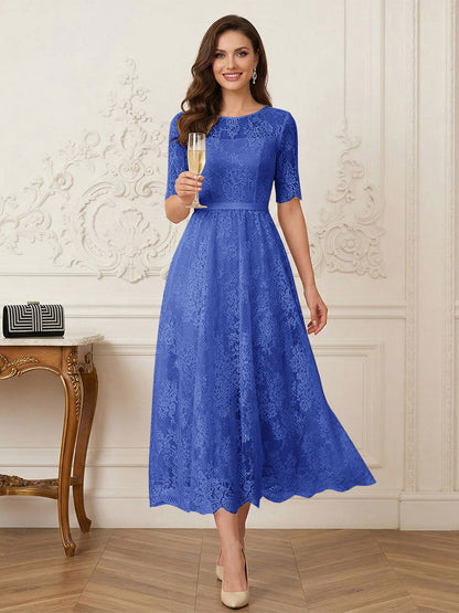 Robe Mère de la Mariée Ligne A Encolure Illusion Manches Mi-longues Longueur Thé avec Appliques & Ceinture