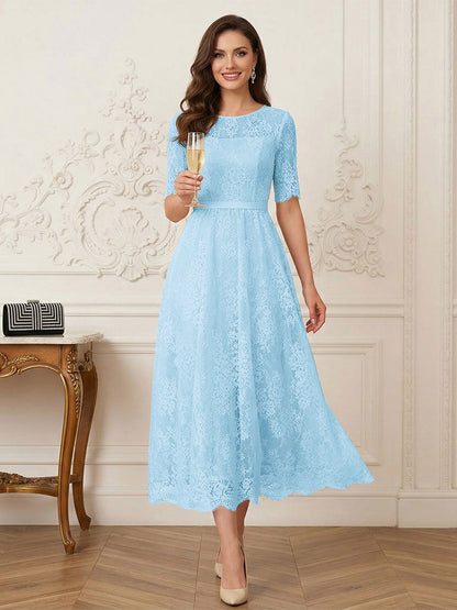 Robe Mère de la Mariée Ligne A Encolure Illusion Manches Mi-longues Longueur Thé avec Appliques & Ceinture