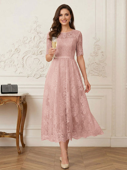 Robe Mère de la Mariée Ligne A Encolure Illusion Manches Mi-longues Longueur Thé avec Appliques & Ceinture