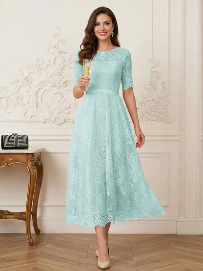 Robe Mère de la Mariée Ligne A Encolure Illusion Manches Mi-longues Longueur Thé avec Appliques & Ceinture