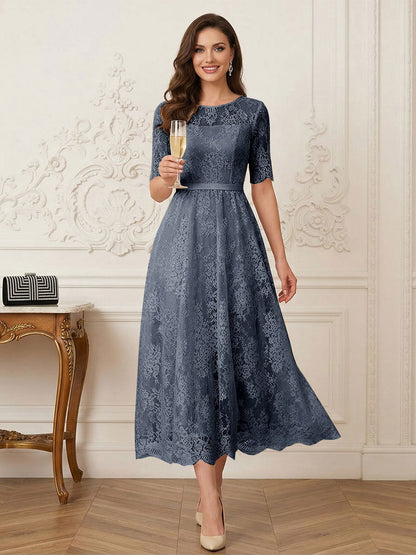 Robe Mère de la Mariée Ligne A Encolure Illusion Manches Mi-longues Longueur Thé avec Appliques & Ceinture